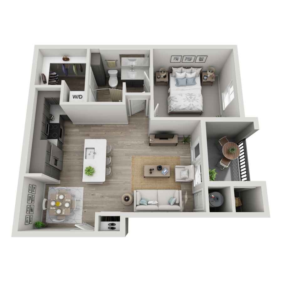 Rendering of the A1-L ALT floor plan with 1 bedroom[s] and 1 bathroom[s] at Milo (Garden)